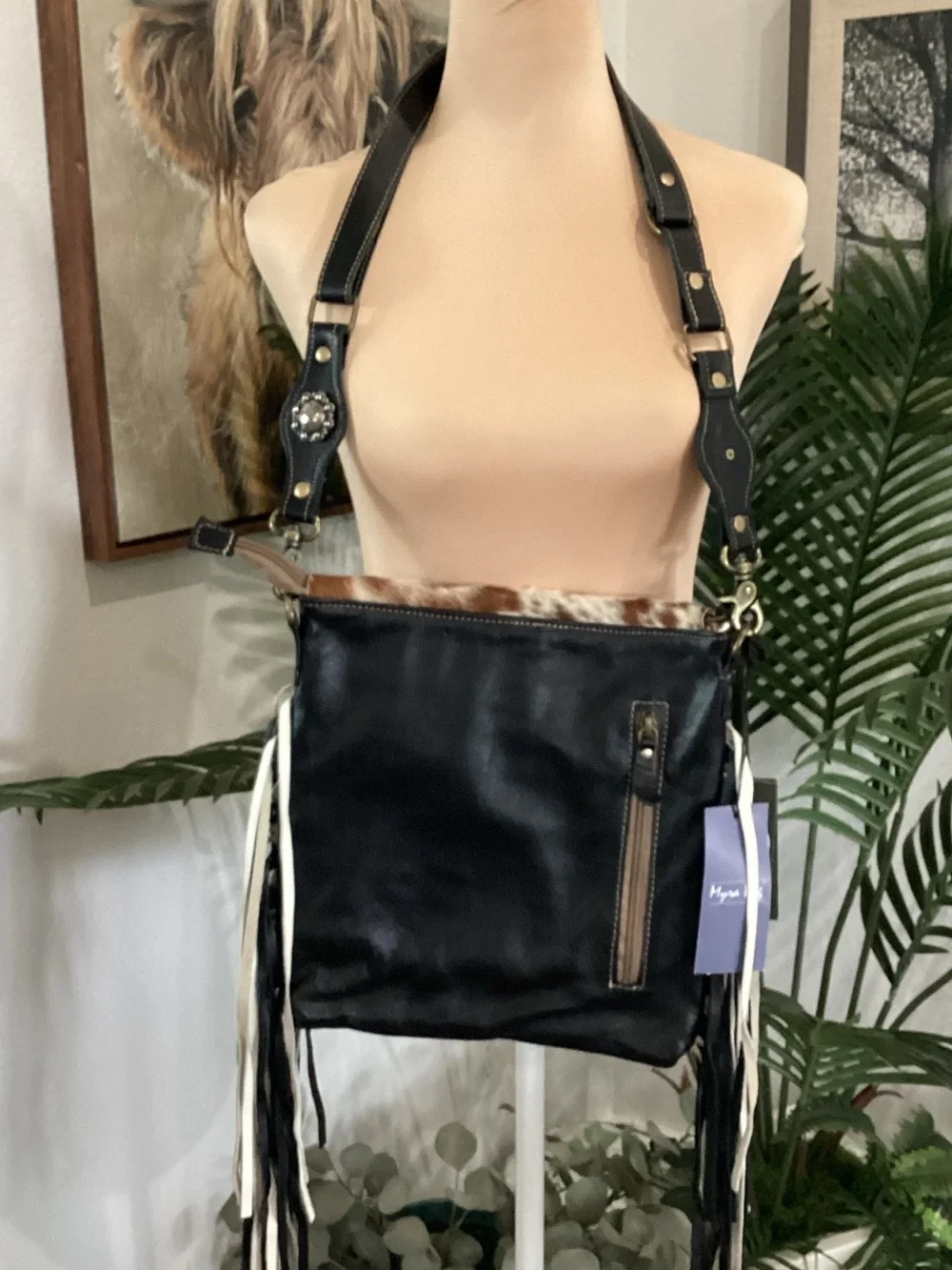 Myra Bag Brown and White Cowhide Fringe Crossbody